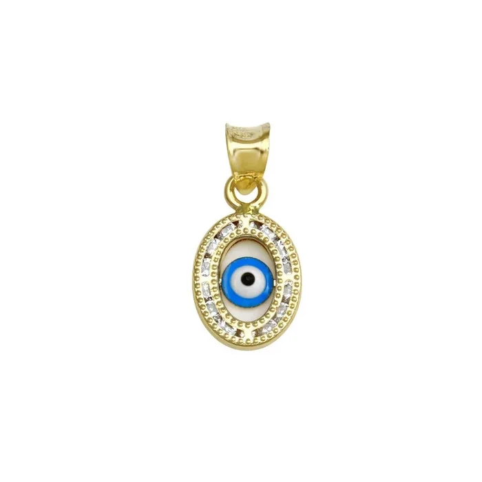 14P00012. – 14 Karat Yellow Gold CZ Oval Disc Evil Eye Pendant