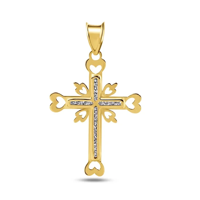14P00072 – Colgante de circonita transparente con corte de corazón en forma de cruz de oro amarillo de 14 quilates