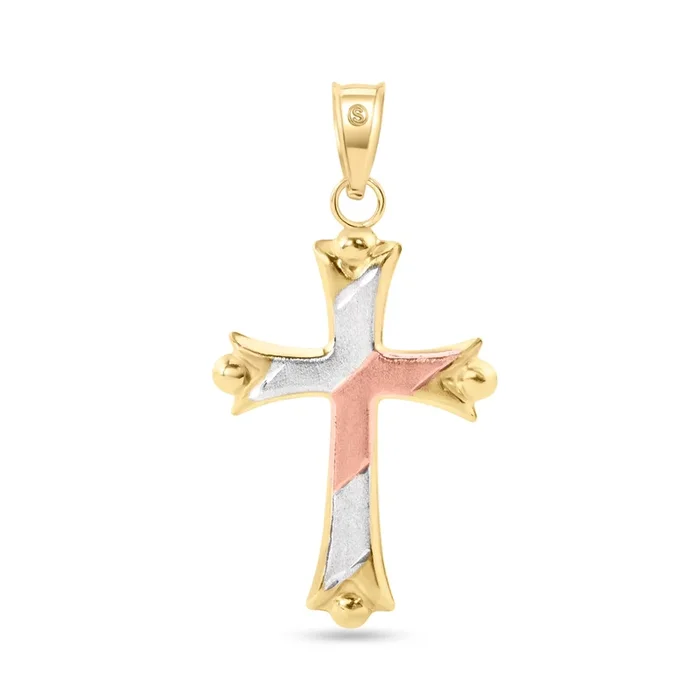 14P00077. – 14 Karat Yellow Gold Tri Color 2-Sided Patterned Hollow Tube Cross Pendant
