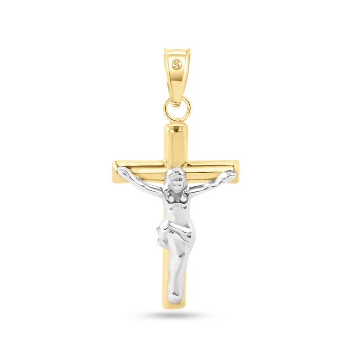 14P00084. – Colgante de cruz de tubo hueco de Jesús de oro blanco con cruz de 2 caras de oro amarillo de 14 quilates