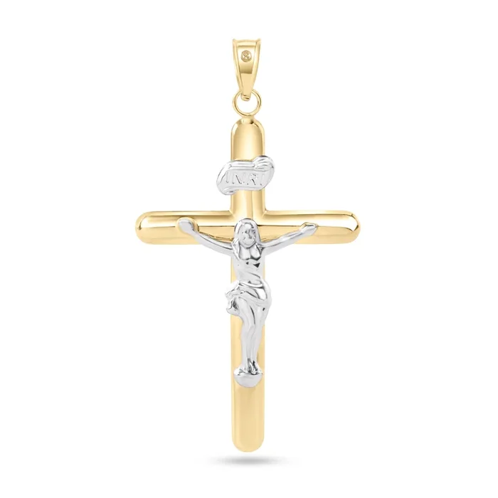 14P00087. – 14 Karat Yellow Gold 2 Tone Plain Jesus Hollow Tube Cross Pendant