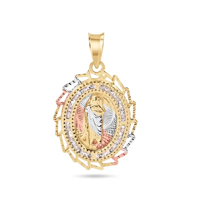 14P00098. – Oro amarillo de 14 quilates, 2 tonos, 20 mm, corte de diamante, bisel ovalado con borde afilado, colgante de circonita transparente Saint Jude