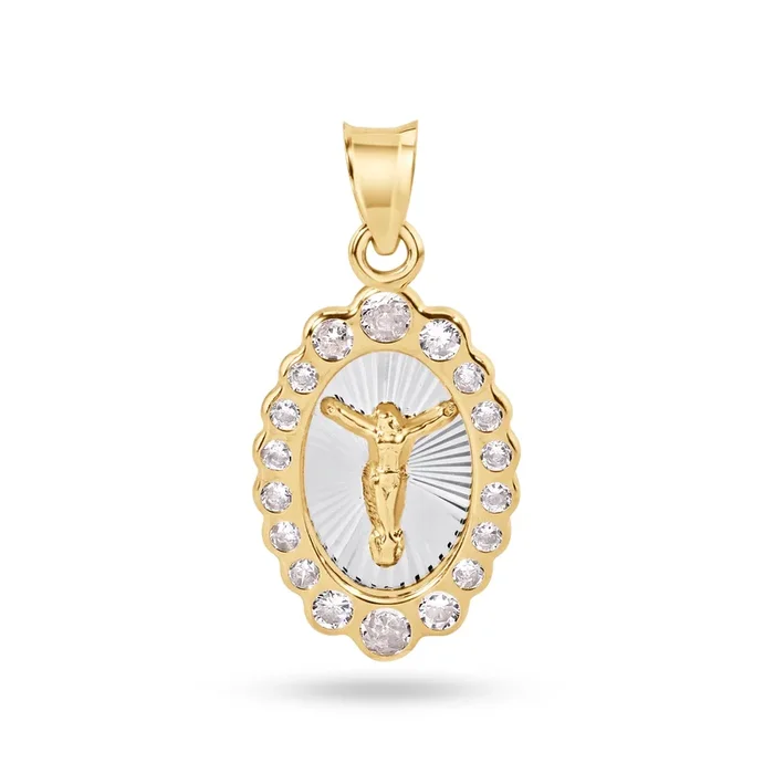 14P00102. – Colgante ovalado de oro amarillo de 14 quilates con circonita cúbica transparente de Jesucristo de 18 mm