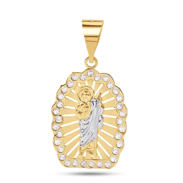 14P00104. – Colgante de oro amarillo de 14 quilates, 2 tonos, 26 mm, con circonita transparente Saint Jude