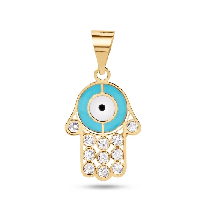 14P00117. – Colgante Hamsa de oro amarillo de 14 quilates con esmalte turquesa y blanco con circonita transparente