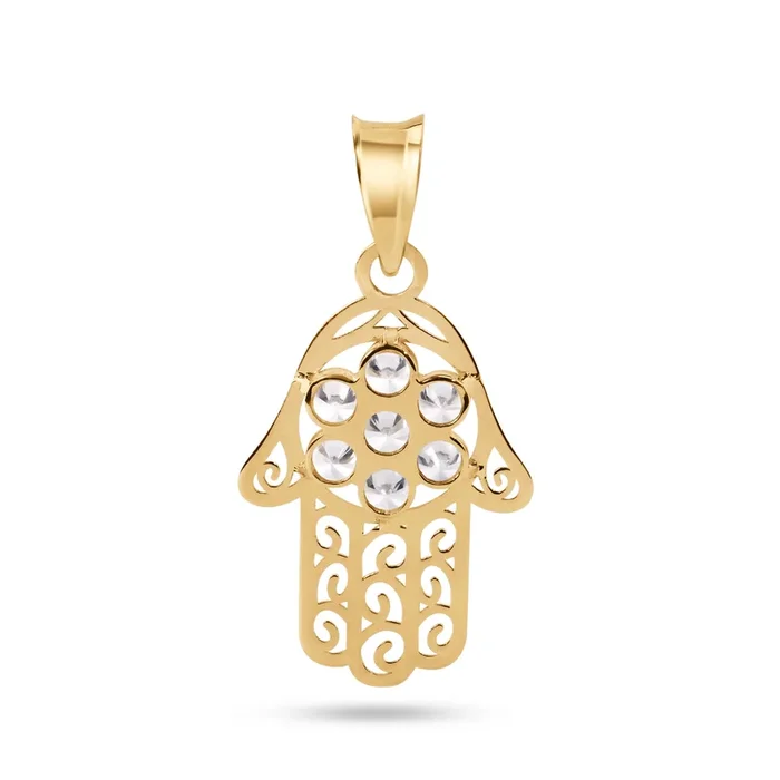 14P00118. – Colgante Hamsa de oro amarillo de 14 quilates con circonita transparente