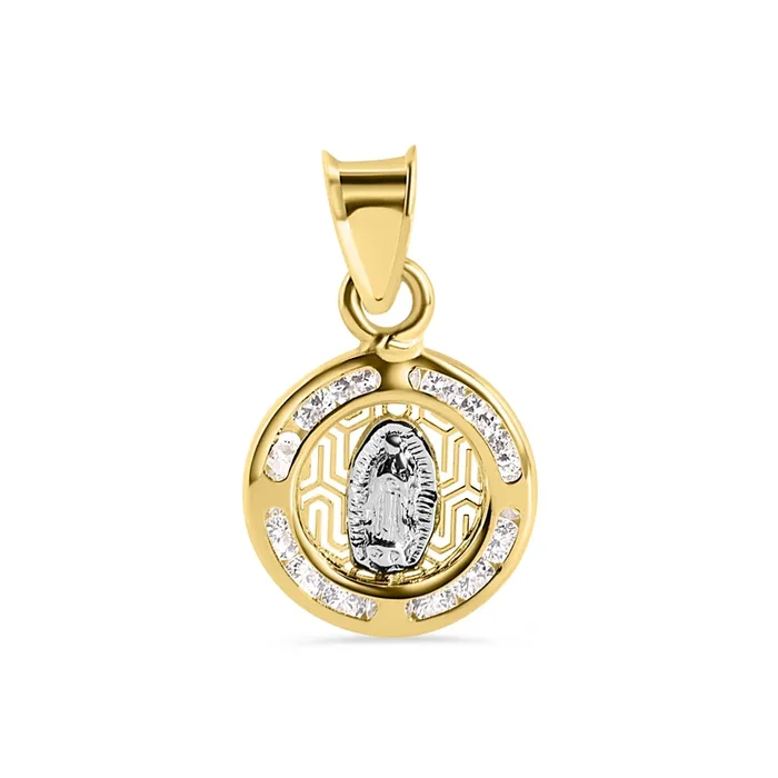 14P00127. – Colgante de oro amarillo de 14 quilates con circonita cúbica transparente de 11 mm y corte de diamante de Nuestra Señora de Guadalupe.