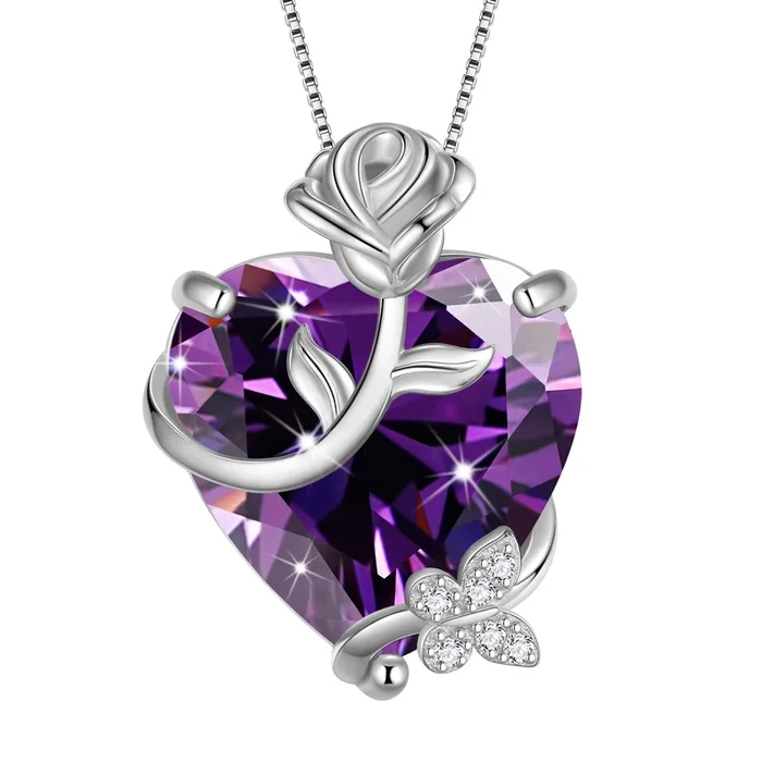 15 mm Damen-Halskette mit Rosenherz, Geburtsstein Februar, 925er Sterlingsilber, Schmetterlings- und Blumenanhänger, lila Amethyst, Schmuck, Muttertagsgeschenk, Valentinstagsgeschenk