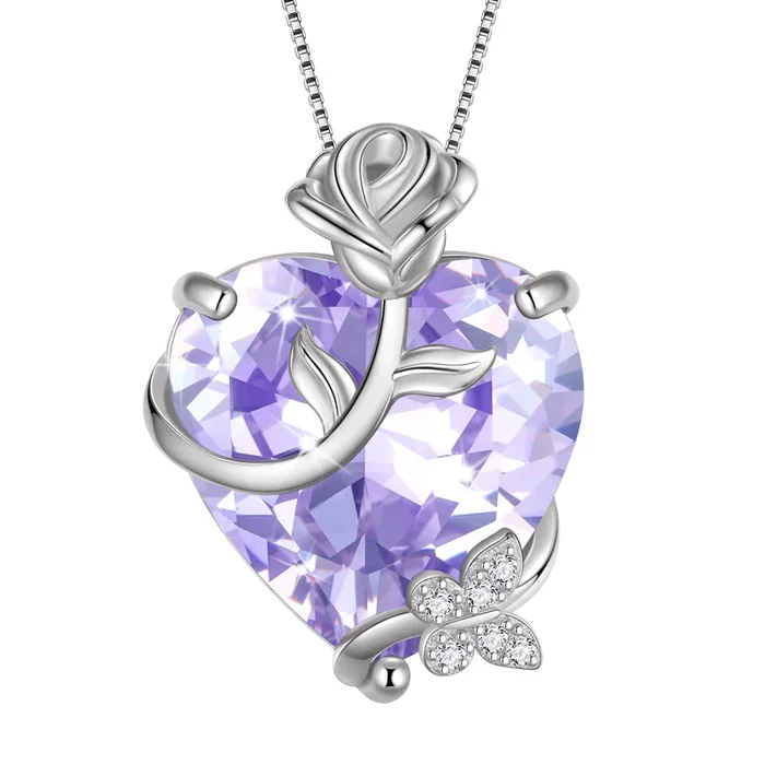 15 mm Damen-Halskette mit Rosenherz, Geburtsstein Juni, 925er Sterlingsilber, Blumen- und Schmetterlingsanhänger, lila Alexandrit, Schmuckgeschenk für Mama zum Geburtstag