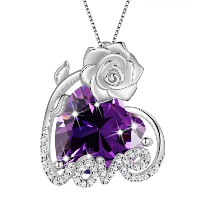 15MM Rose Heart Women Necklace February Birthstone 925 Sterling Silver Love Pendant Purple Amethyst Jewelry Mom Valentine’s Day Gift for Wife Girlfriend