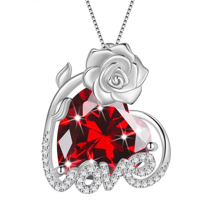 15MM Rose Heart Women Necklace January Birthstone 925 Sterling Silver Love Flower Pendant Garnet Jewelry Valentine’s Day Gift for Wife Mother Girlfriend