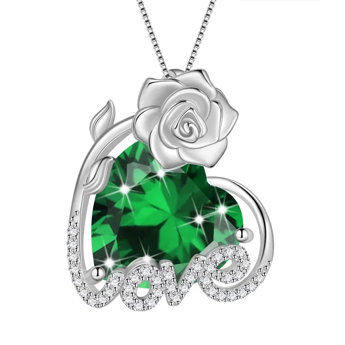 15MM Rose Heart Women Necklace May Birthstone 925 Sterling Silver Flower Love Pendant Green Emerald Jewelry Christmas Birthday Mothers Day Gift for Wife