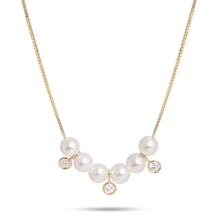 16-18″ Adjustable Akoya White Pearl Necklace in Gold with Diamonds – 4.5-5mm