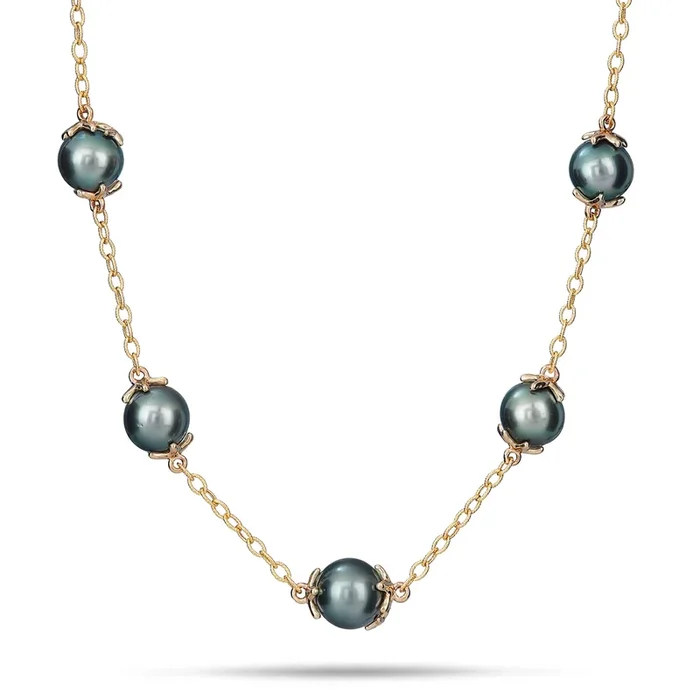 16-22″ Adjustable Reefs Starfish Tahitian Black Pearl Necklace in Gold – 10-11mm