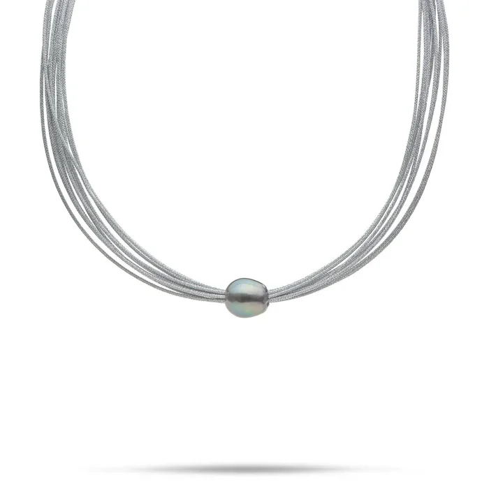 18″ Tahitian Black Pearl Necklace in Stainless Steel – 12-14mm