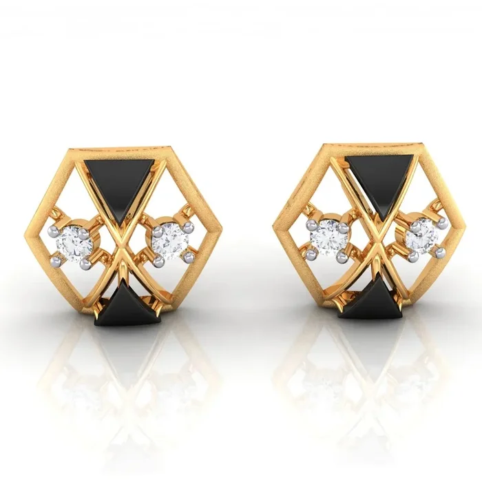 18K Diamond Earrings 3d Hexagonal Shape Having Central X Design With Black Meena And Embdded Diamonds