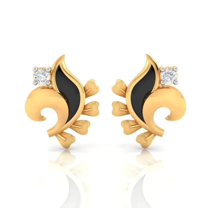 18K Diamond Earrings Floral Studs With Black Meena And Embedded Diamonds