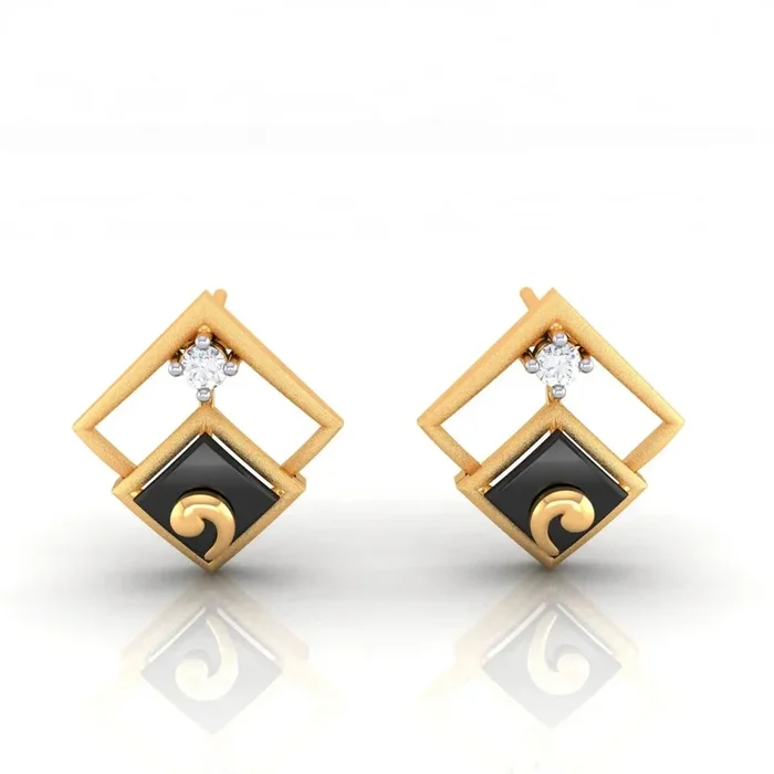 18K Diamond Earrings Having Diamond Shape Frames And Black Meena With An Embedded Diamond