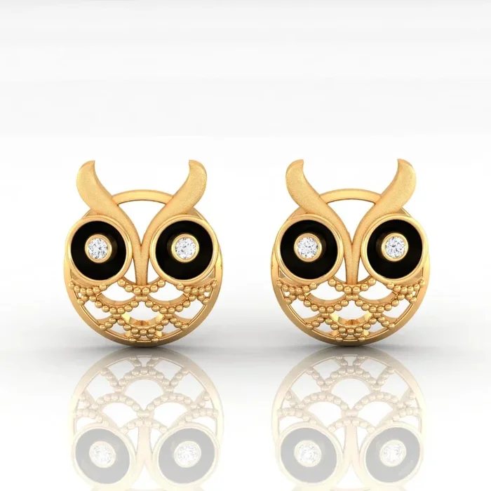 18K Diamond Earrings Owl Studs With Black Meena And Embedded Diamonds