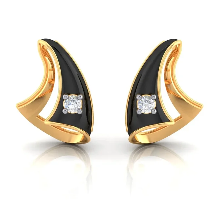 18K Diamond Earrings Ship Sail Studs With Black Meena And Embedded Diamonds
