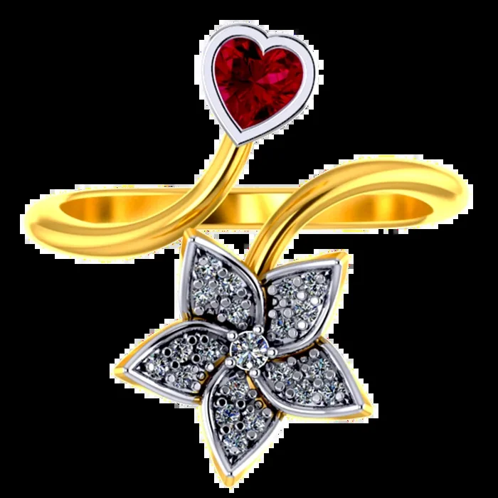 18k Diamond Ring With A Diamond Studded Five-petal Floral Design And A Mini Heart Pendant