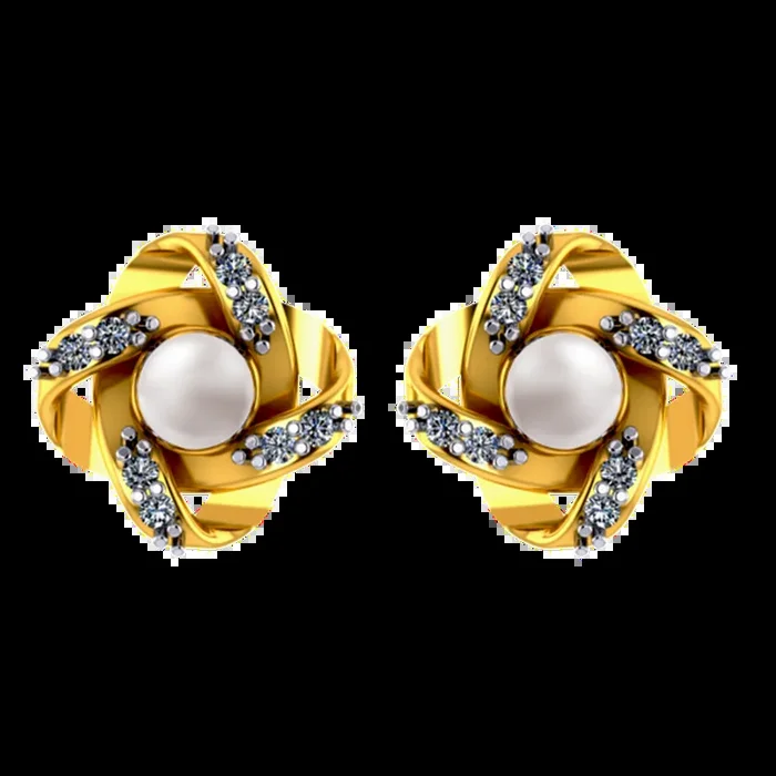 18k Floral 3d Gold Diamond Earrings With Pearl And Graceful Design
