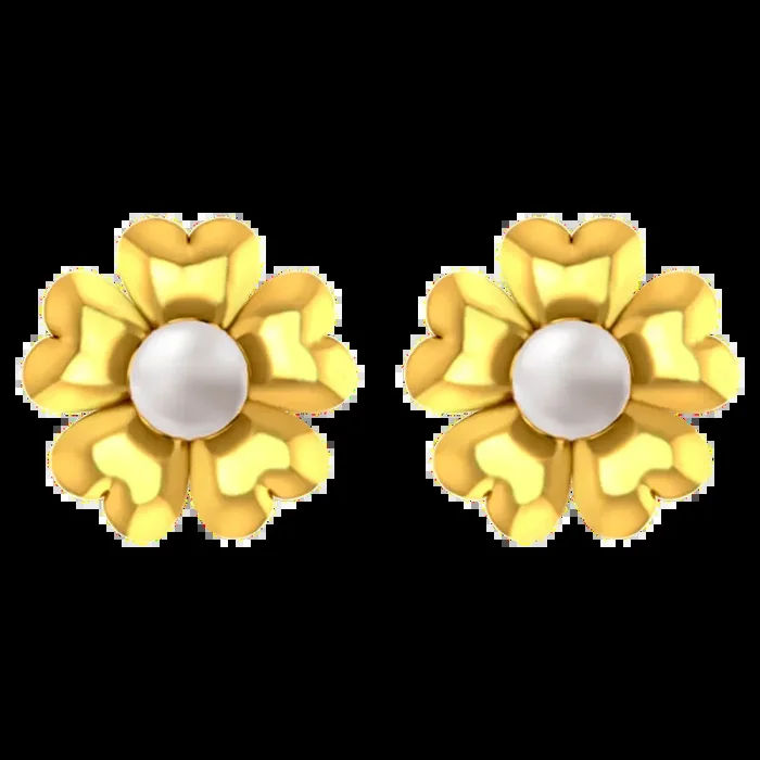 18k Gold Earrings With A Five-petal Floral Design And A Pearl Centre