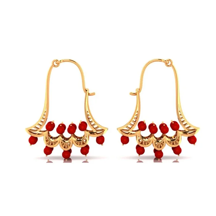 18k Gold Earrings With Floral Designs And Red Stones
