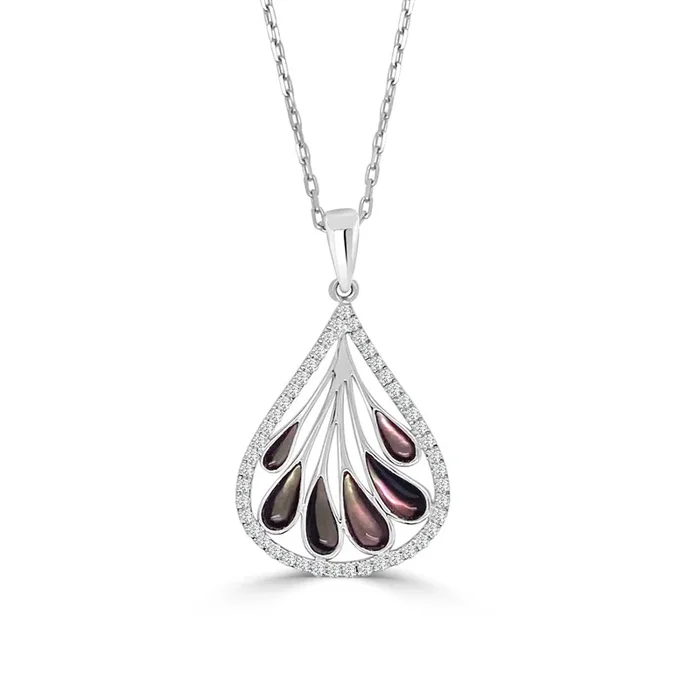 18k Gold Plume Drop Black Mother-of-Pearl Pendant Necklace