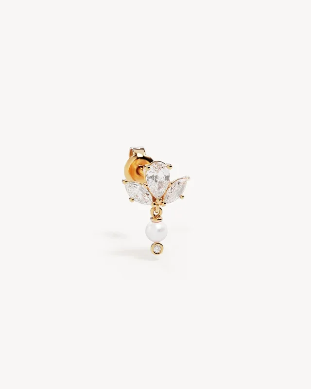 18k Solid Gold Floating Lotus 0.38ct Lab-Grown Diamond Pearl Earring