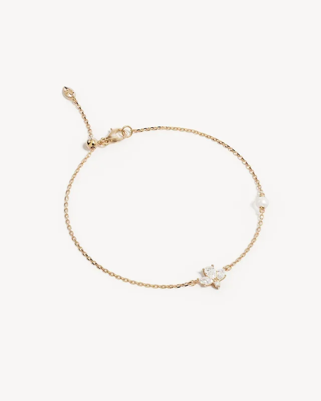 18k Solid Gold Floating Lotus 0.4ct Lab-Grown Diamond Pearl Bracelet