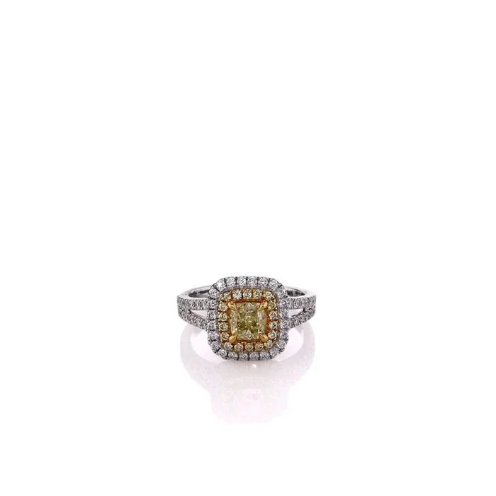 18k Two-Tone Double Halo and Split Shank Yellow and White Diamond Ring