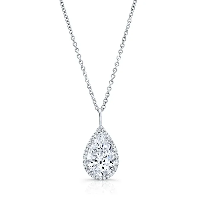 18K White Gold 3.01 Carat Pear-Shaped Diamond Halo Pendant on 16″ Chain