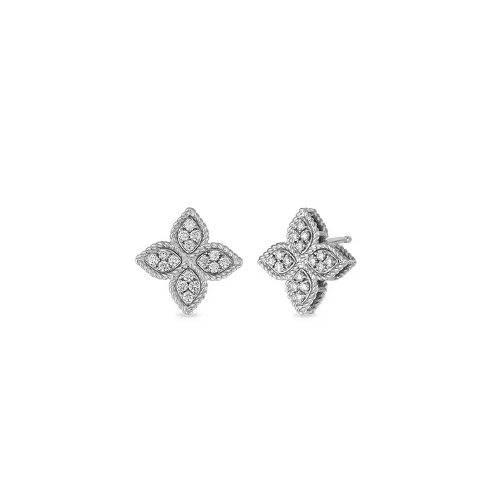 18K WHITE GOLD PRINCESS FLOWER MEDIUM DIAMOND STUD EARRINGS