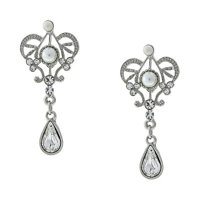 1928 Bridal Crystal And Faux Pearl Dangle Earrings
