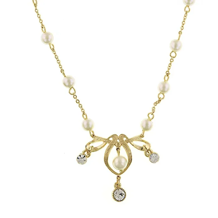 1928 Jewelry 7mm Faux Pearl And Crystal Pendant Necklace 16″ + 3″ Extender