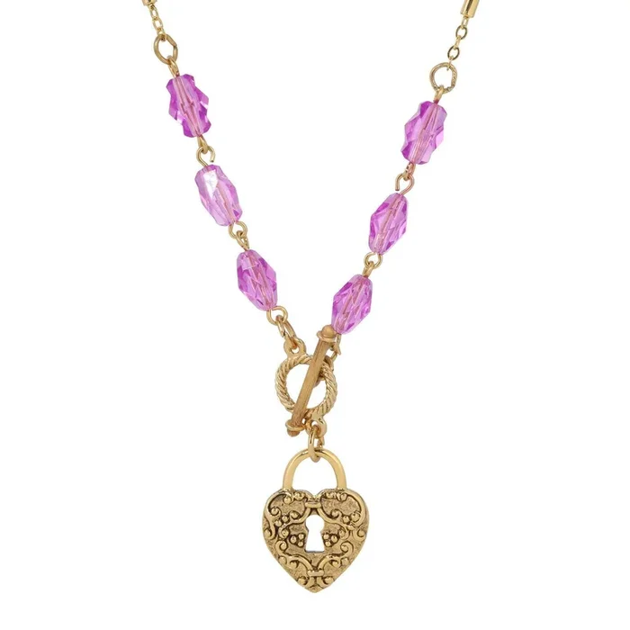 1928 Jewelry Amethyst Enigma Heart Padlock Pendant Toggle Necklace 18″