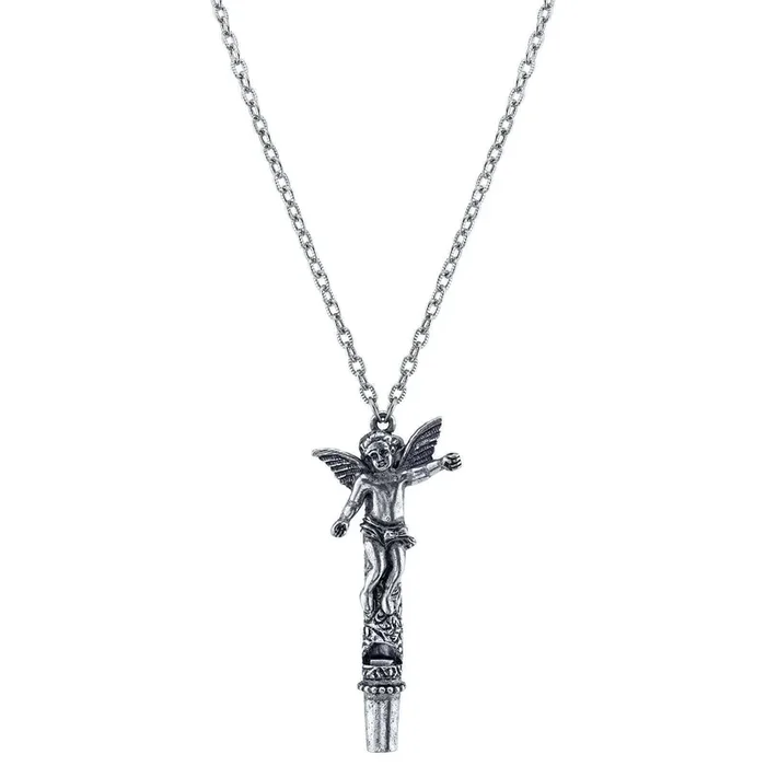 1928 Jewelry Antiqued Pewter Angel Whistle Pendant Necklace 30″