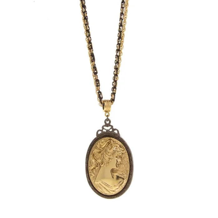 1928 Jewelry Black And Gold Multi Chain Oval Cameo Pendant Necklace 16″ + 3″ Extender