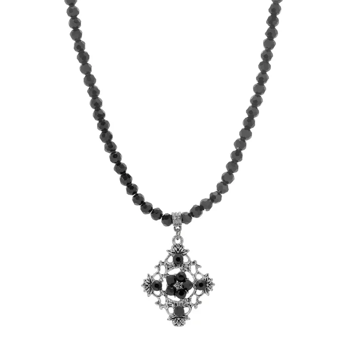 1928 Jewelry Black Bead Chain Filigree Floral Pendant Necklace 15″ + 3″ Extention