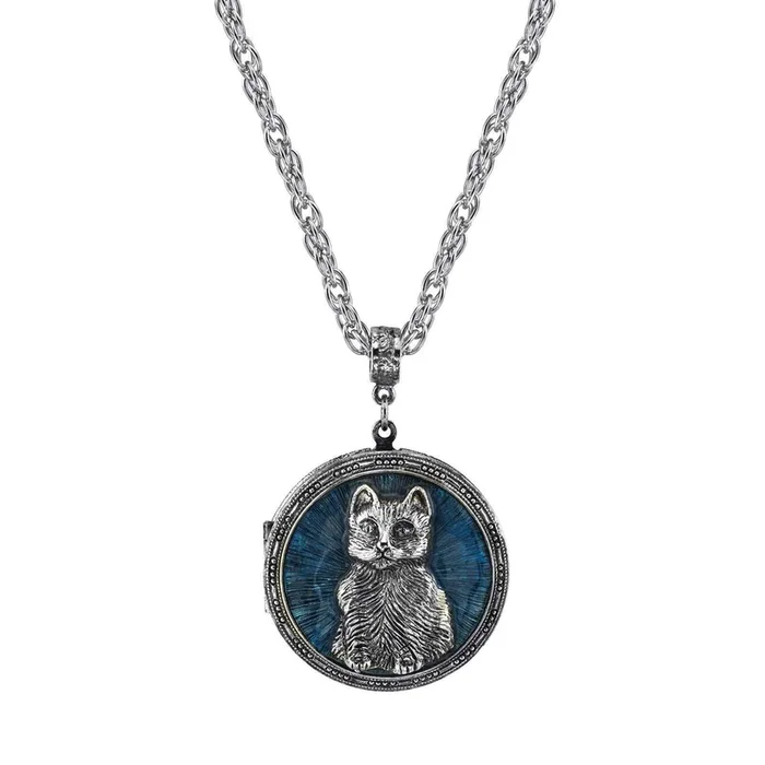 1928 Jewelry Blue Enamel Cat Locket Necklace 30″