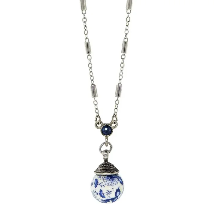 1928 Jewelry Blue Willow Round Beaded Crystal Accent Drop Pendant Necklace 16″ + 3″ Extender