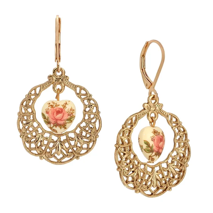 1928 Jewelry Desert Rose Hearts Round Filigree Drop Earrings