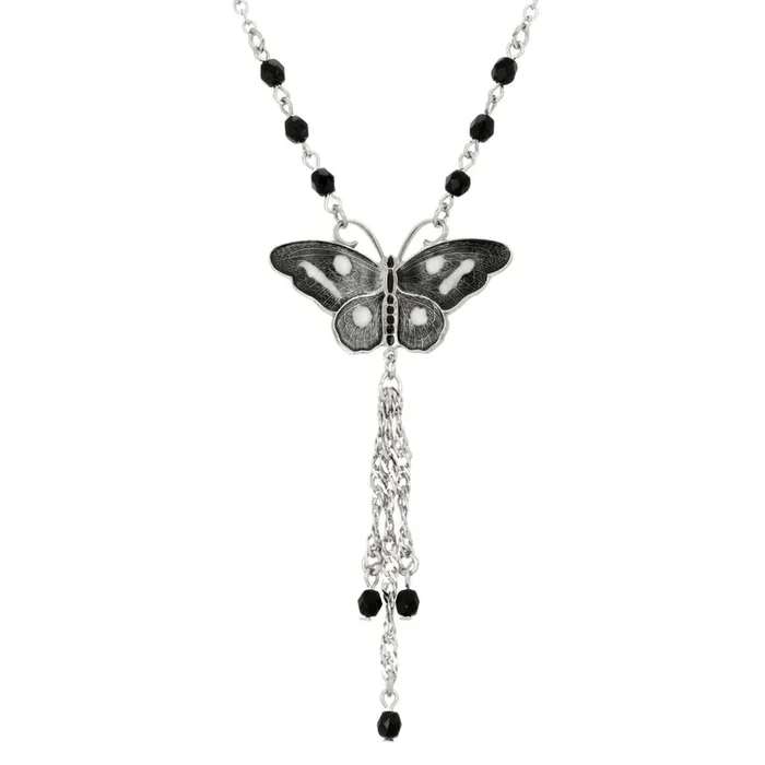 1928 Jewelry Enamel Butterfly Tassel Necklace 16″ + 3″ Extender