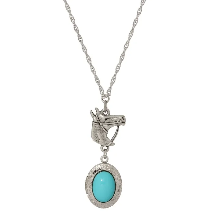 1928 Jewelry Equestrian Charm Horsehead Pendant & Turquoise Stone Locket Necklace 24″