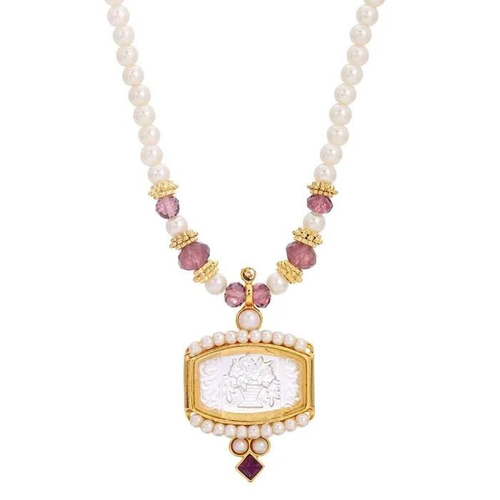 1928 Jewelry Faux Pearl Strand Etched Flower Bouquet Glass Intaglio Purple Crystal Pendant Necklace 15″ + 3″ Extender