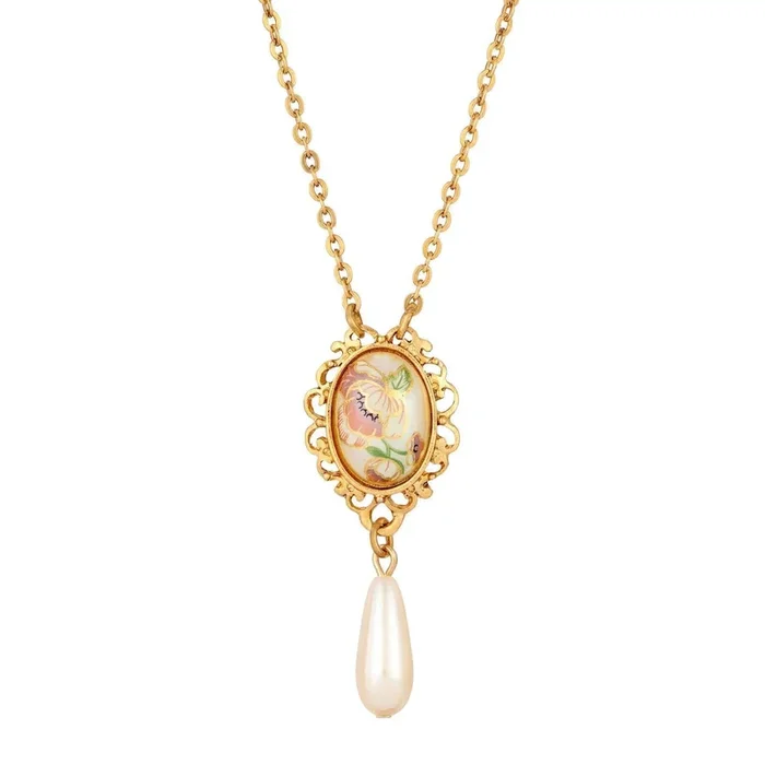 1928 Jewelry Filigree Floral Pendant Faux Pearl Teardrop Necklace 16″ + 3″ Extender