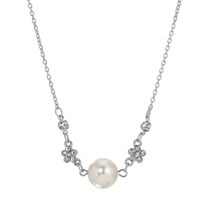 1928 Jewelry Floral Crystal Round Faux Pearl Bead Necklace 16″ + 3″ Extension