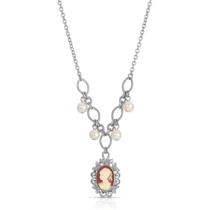 1928 Jewelry Floral Filigree Carnelian Red Cameo Pearl Pendant Necklace Pendant Necklace 16″ + 3″ Extender