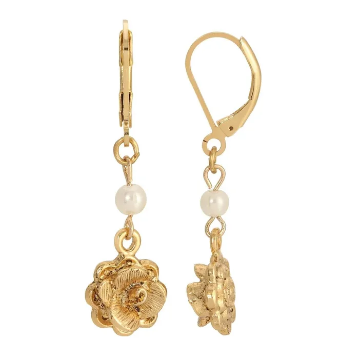1928 Jewelry Flower & Faux Pearl Dangle Earrings
